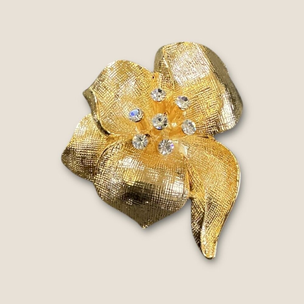 Gold-Tone Flower Brooch Pin With Rhinestone Accents